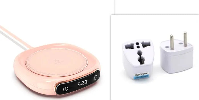 White USB coffee mug warmer coaster on desk with measuring tape showing 130mm width