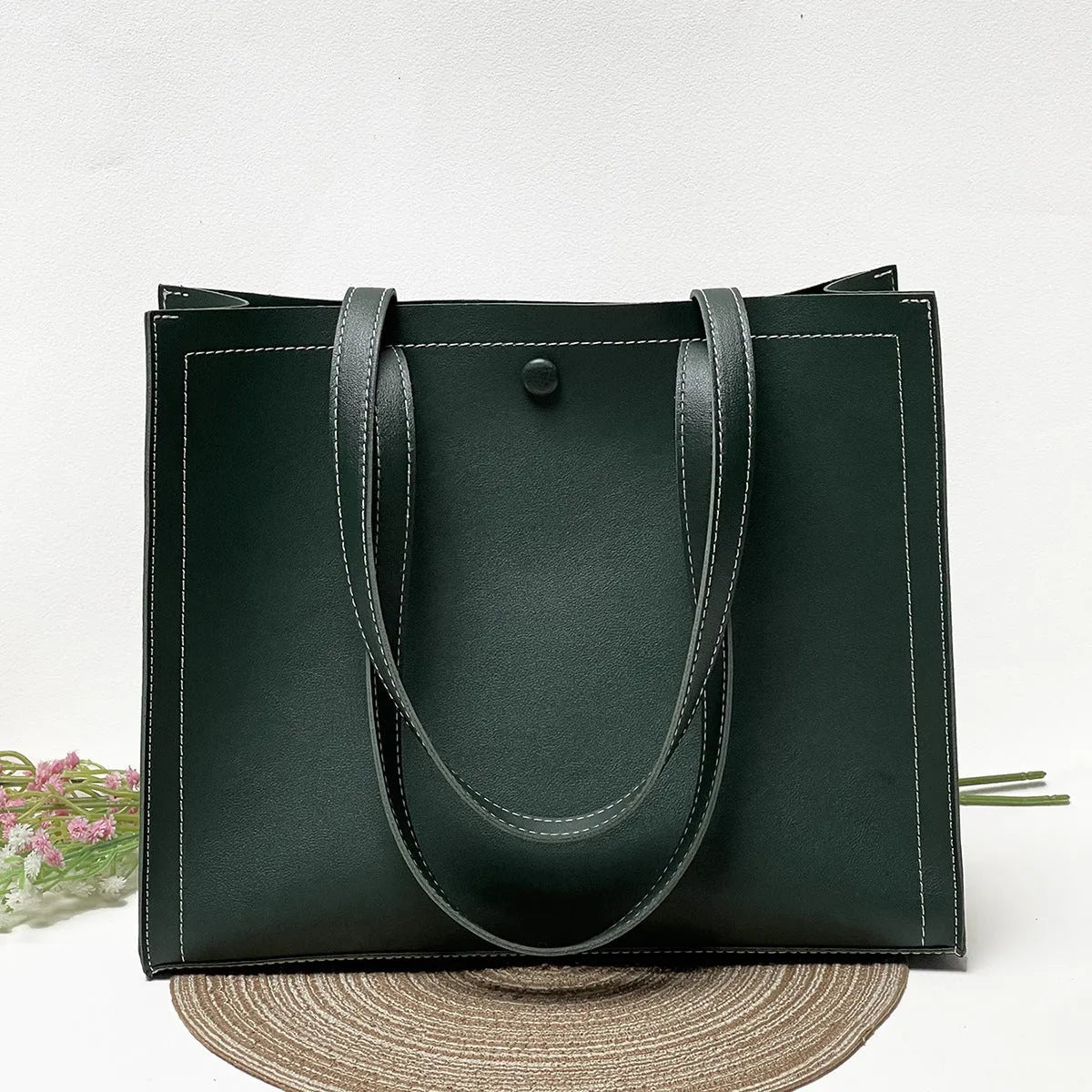 PU embossed crossbody tote bag with contrast colour stitching, horizontal square shape, black and brown option