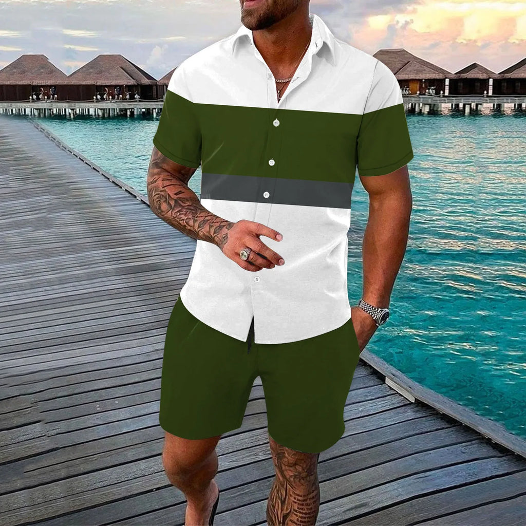 Men's summer colour block cardigan outfit two-piece set in polyester fabric available in multiple sizes