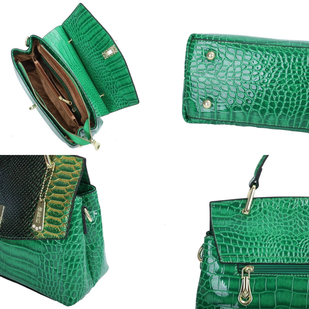Colourful women's crossbody bag with snake and crocodile pattern, showing double straps and horizontal square shape.