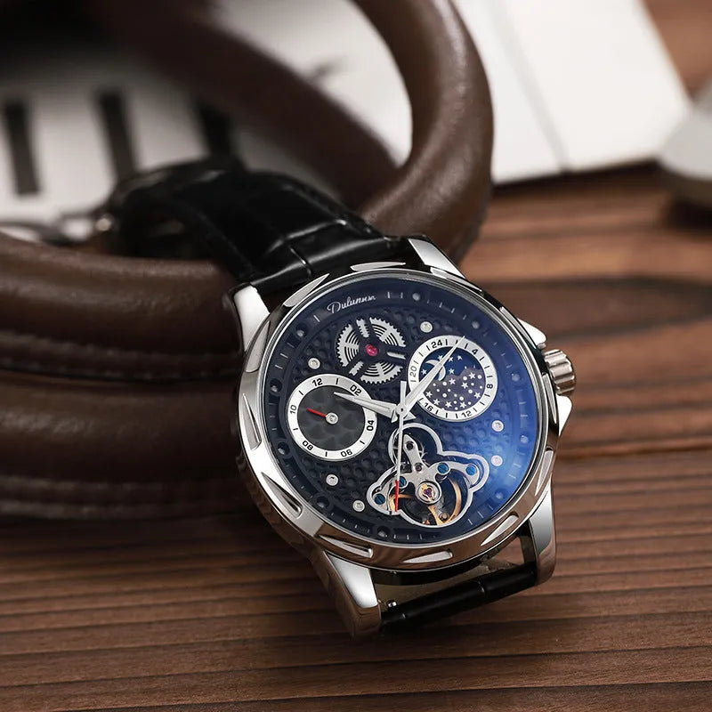 Men's automatic waterproof watch with luminous hands and 13mm steel case on wrist