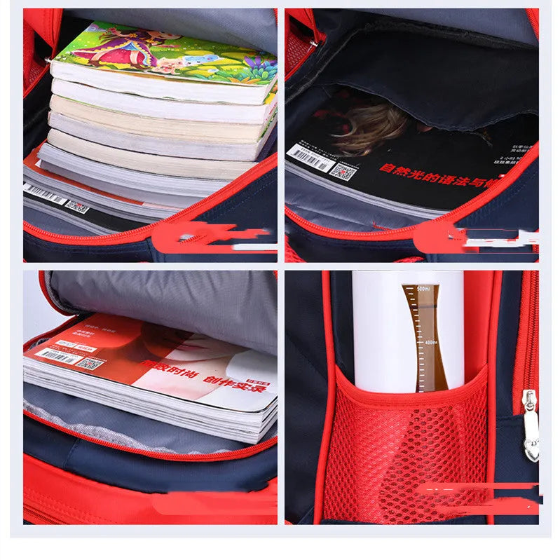 Blue children's school backpack with anime cartoon print, showing front pocket and shoulder straps.