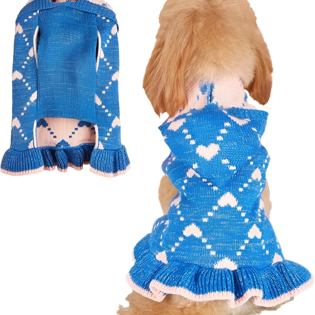 Small dog knit hoodie dress sweater with heart design in blue, gray, pink, or red, sizes XS to L