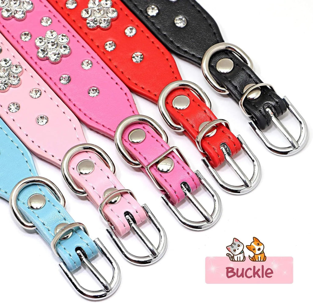 PU leather dog collar with studded rhinestone flower pattern in colour, showing metal D-ring and adjustable eyelets.