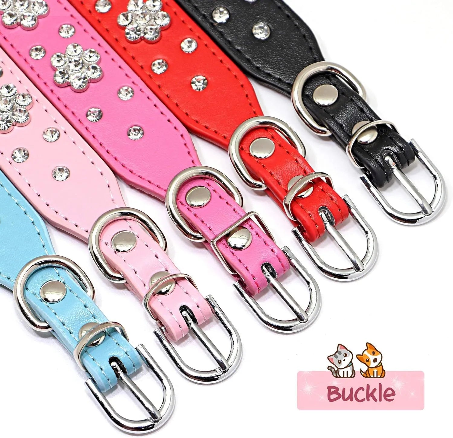 PU leather dog collar with studded rhinestone flower pattern in colour, showing metal D-ring and adjustable eyelets.