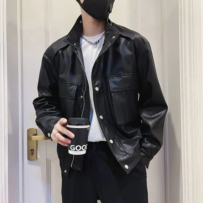 Men's black PU leather pilot jacket with side pockets and straight hem