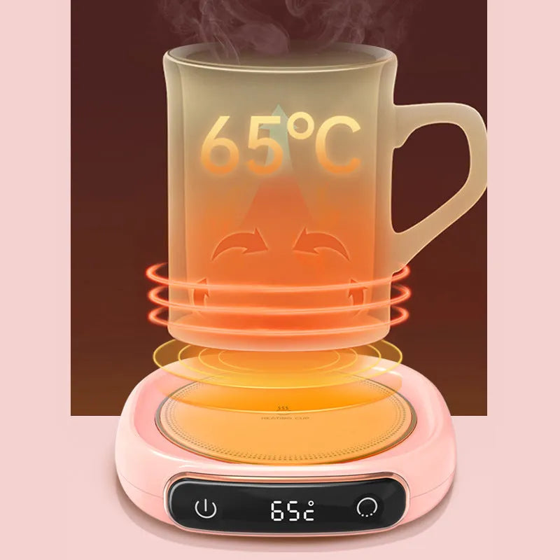 White USB coffee mug warmer coaster on desk with measuring tape showing 130mm width
