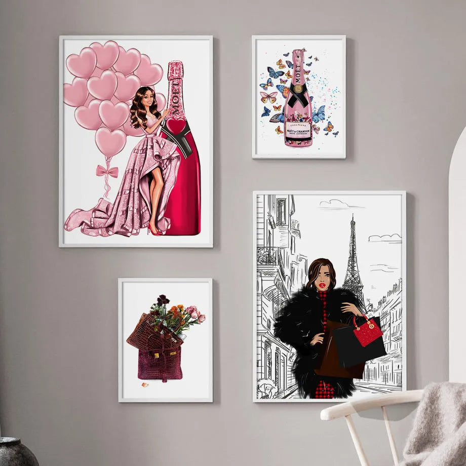 Canvas wall art print showing fashion girl with balloons and champagne cartoon anime celebration scene