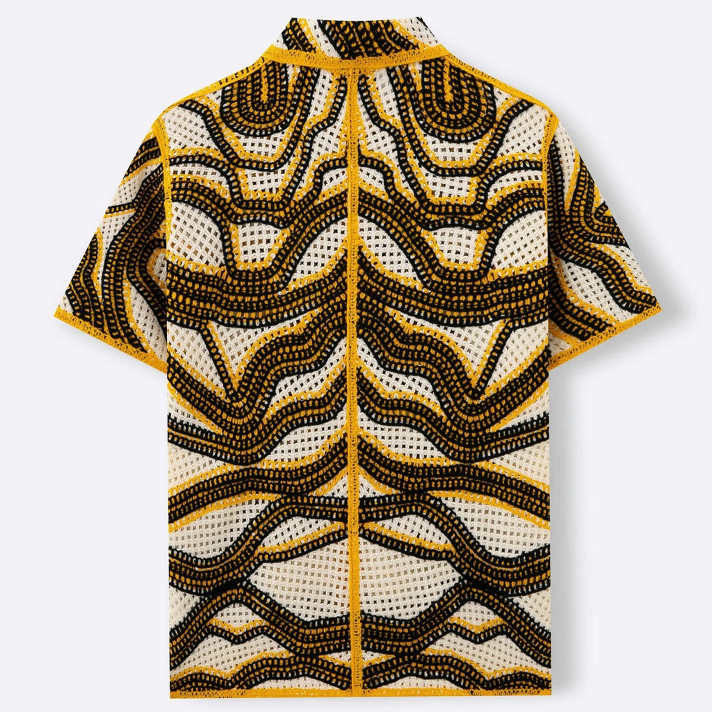 Khaki short sleeve cardigan with thin striped pattern and flocking detail on a hanger