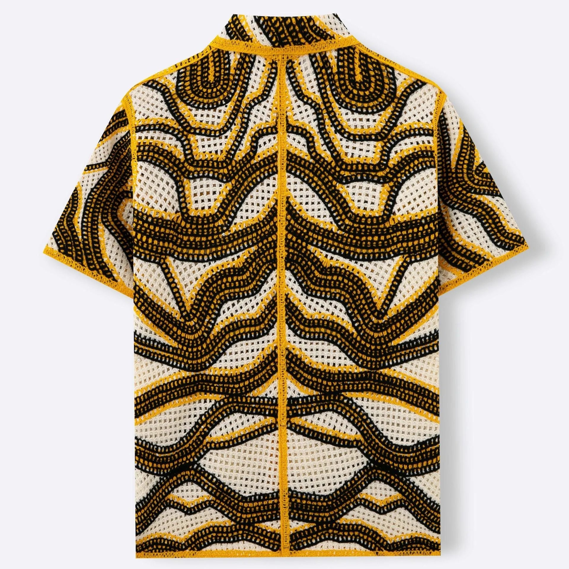 Khaki short sleeve cardigan with thin striped pattern and flocking detail on a hanger