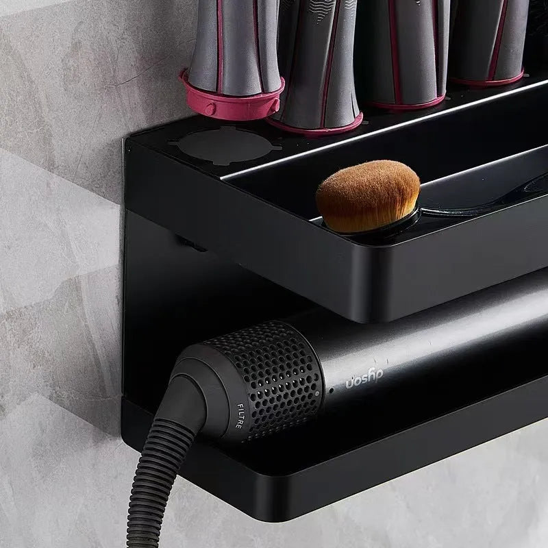 White double layer aluminium bathroom storage rack for hair curlers and Marcel wavers with punch-free mounting