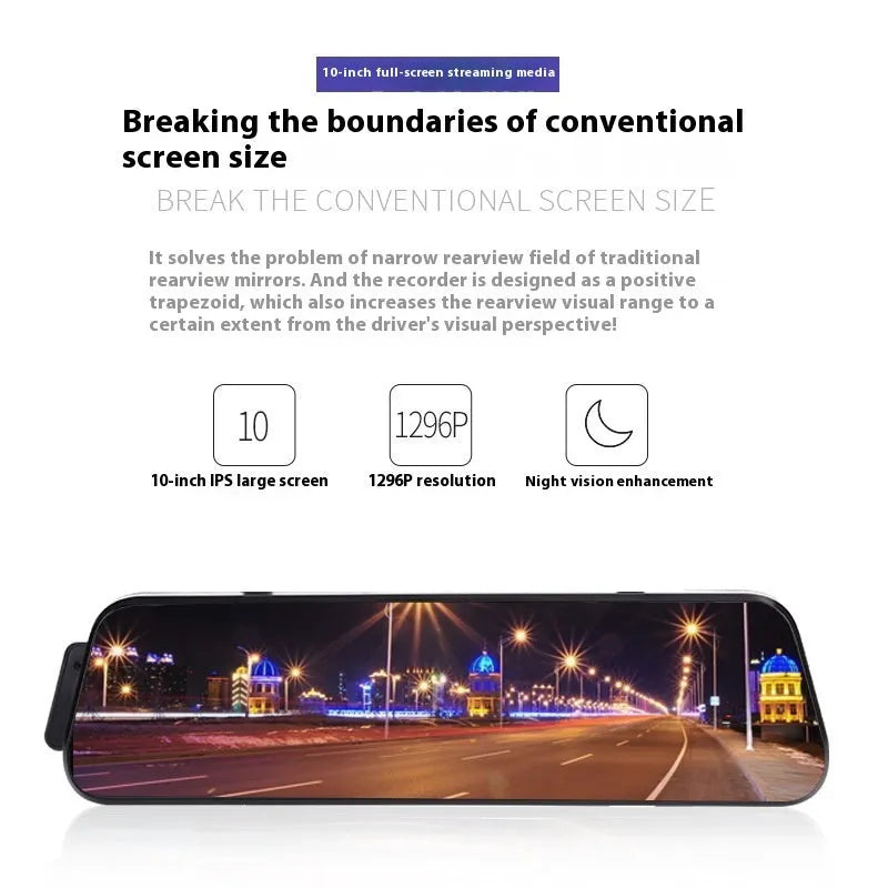 10-inch streaming media rearview mirror tachograph with full screen touch and front rear dual lens night vision