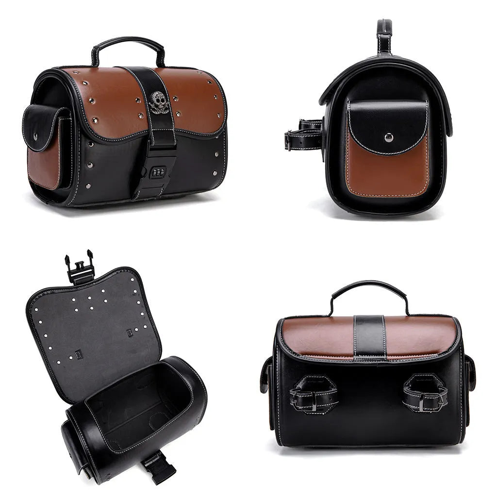 PU leather motorcycle front bag with colour contrast patchwork design mounted on handlebars