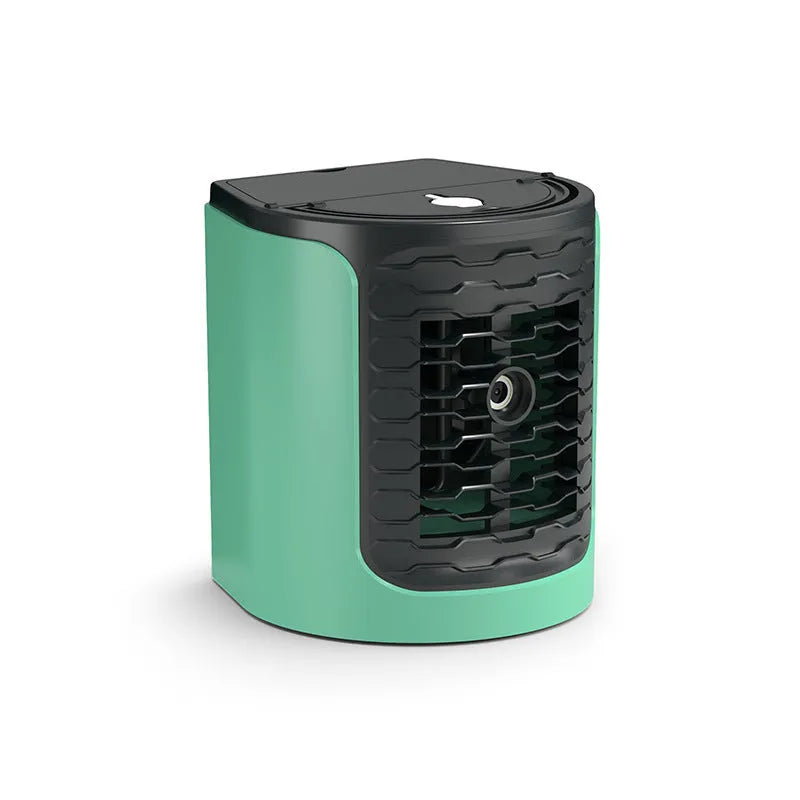Desktop air conditioning fan in white or green, 16 x 15.5 x 17.3 cm, with 150ml water tank and USB cable