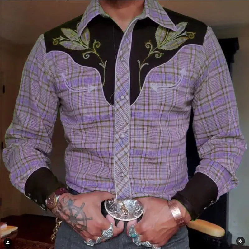 Men's casual 3D printed polyester lapel long sleeve pullover shirt in colour match pattern, loose fit, size S to 6XL