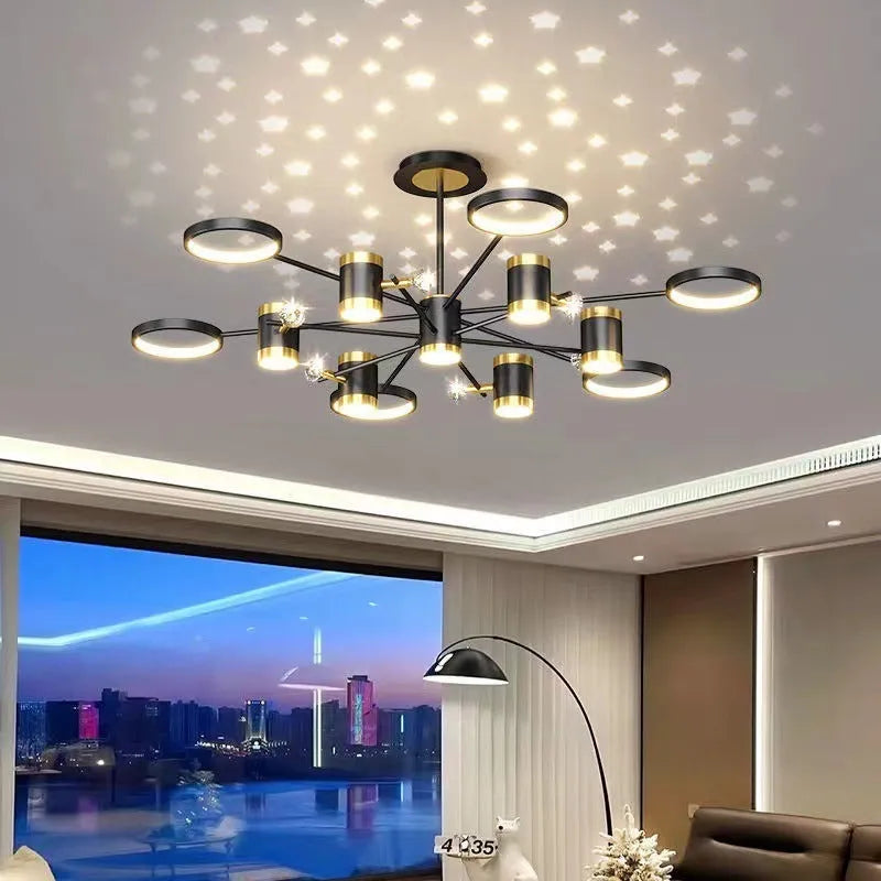 Black iron pendant lamp with 13 heads and adjustable height for ceiling mounting