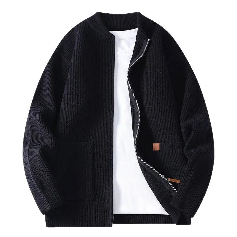 Men's striped cardigan jacket in chemical fibre blended fabric with straight cut design
