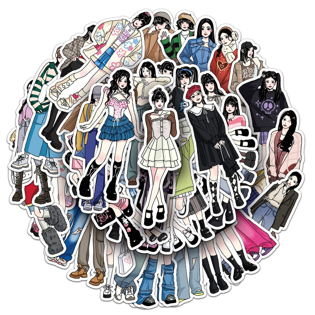 50 hand-painted graffiti cartoon stickers featuring fashion costume designs on a white background