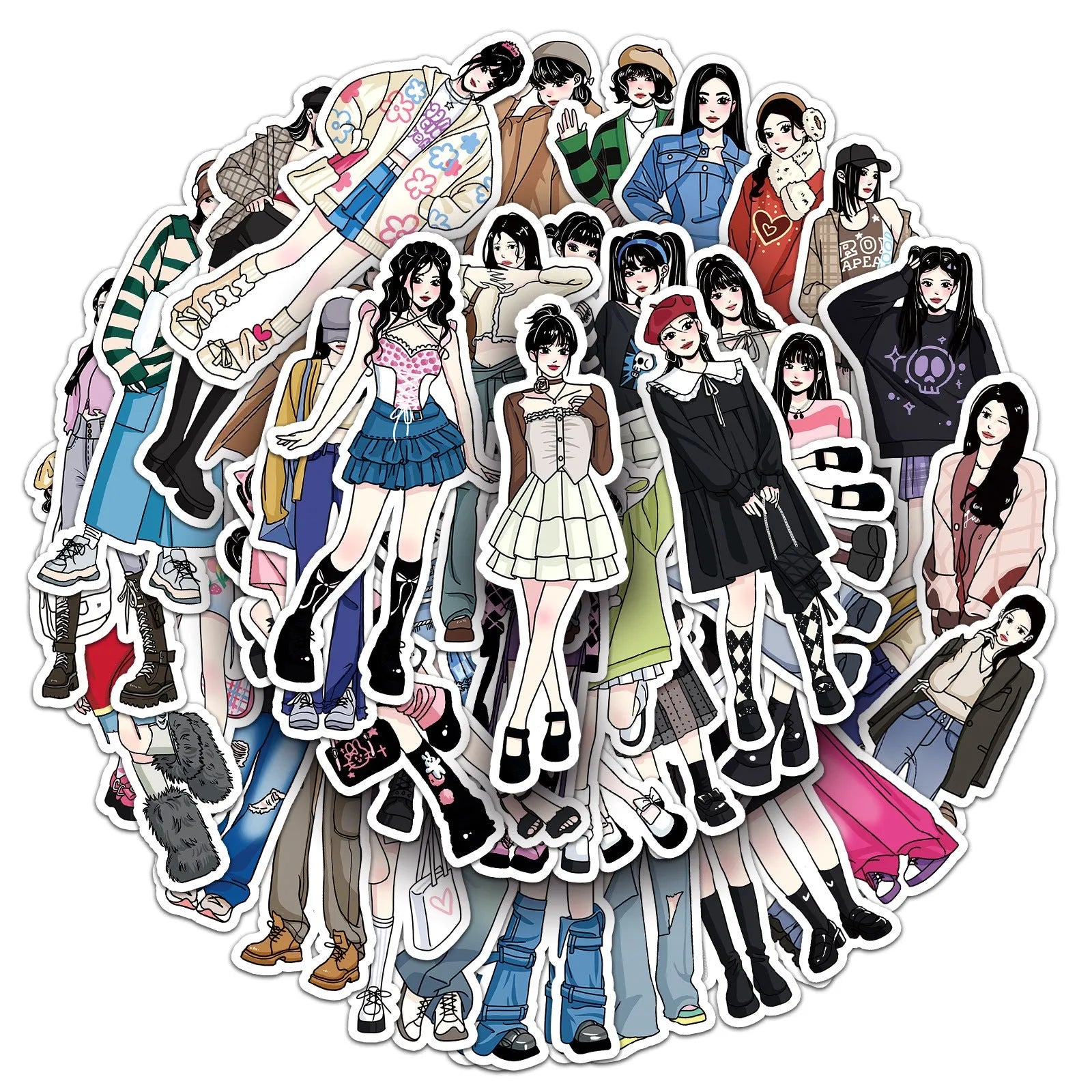 50 hand-painted graffiti cartoon stickers featuring fashion costume designs on a white background