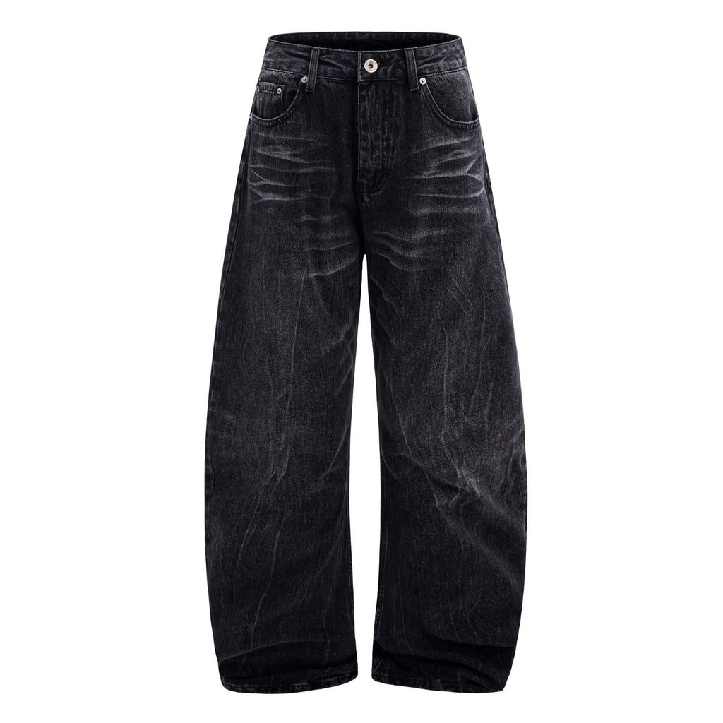 Black straight-leg men's jeans with a distressed lightning crack pattern on the legs.