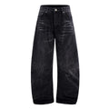 Black straight-leg men's jeans with a distressed lightning crack pattern on the legs.