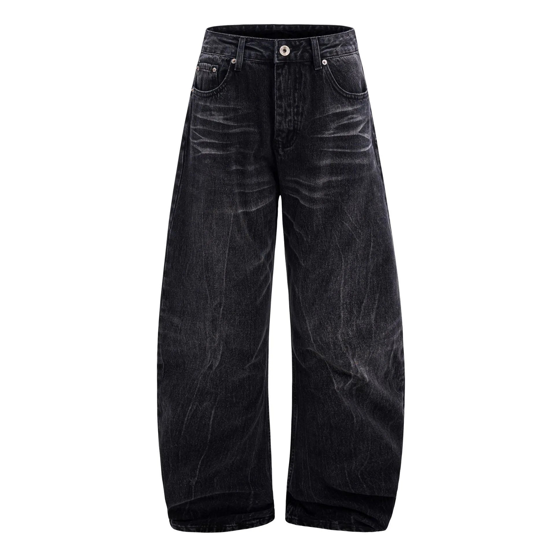 Black straight-leg men's jeans with a distressed lightning crack pattern on the legs.
