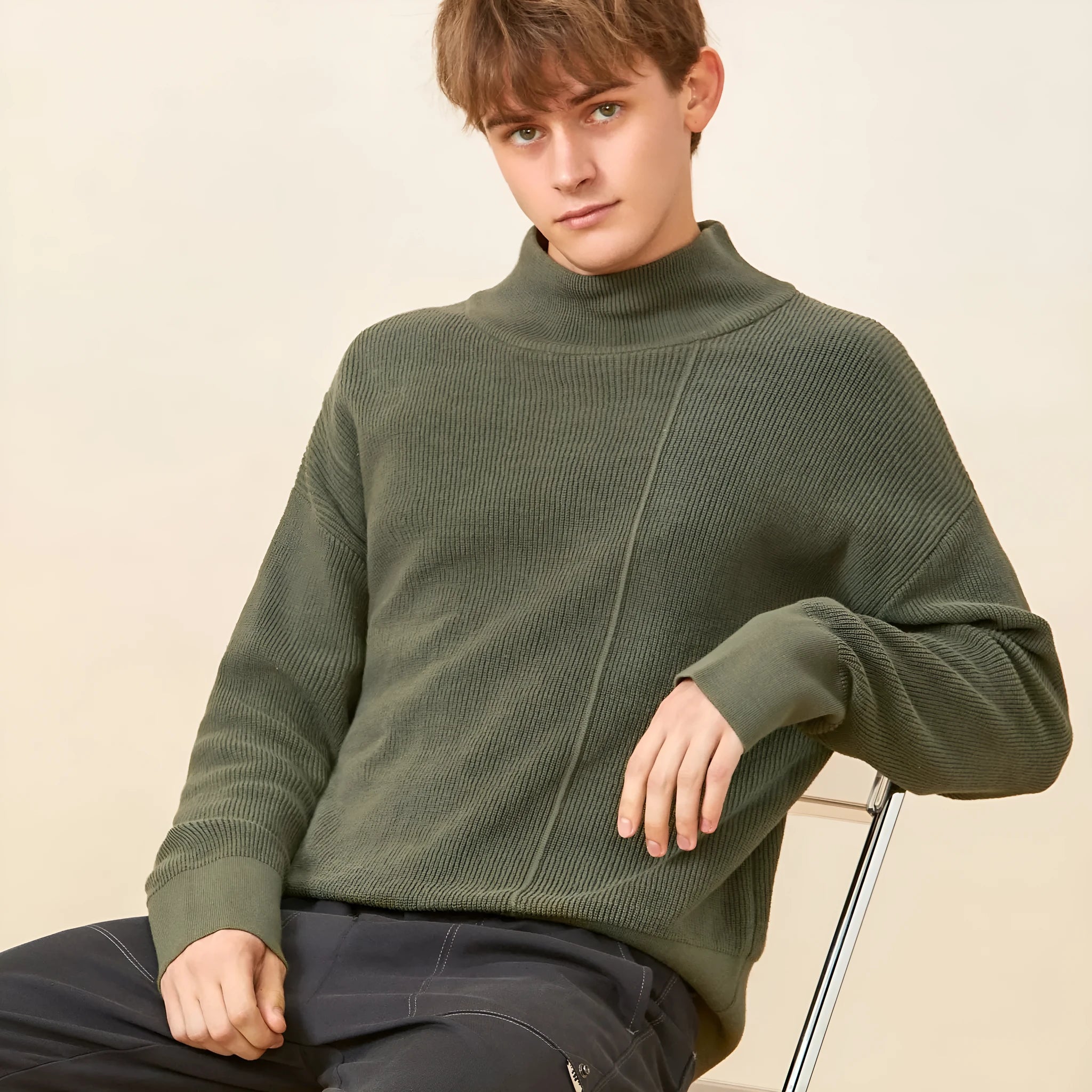 Men's loose fit long sleeve round neck cotton sweater available in grey