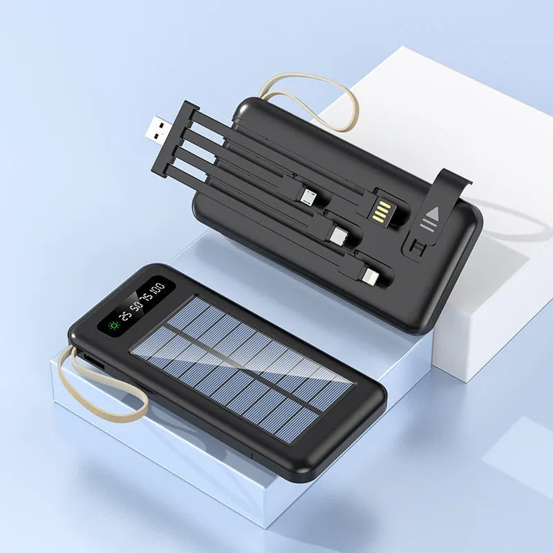 Black or white solar power bank showing the solar panel and USB ports, with a multi-purpose charging cable.