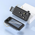 Black or white solar power bank showing the solar panel and USB ports, with a multi-purpose charging cable.