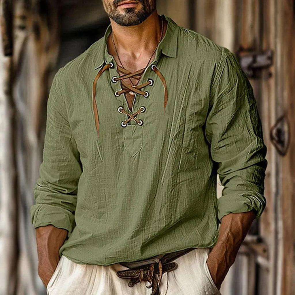 Men's plus size loose fit linen shirt with lace lapels in blue, green, orange or white