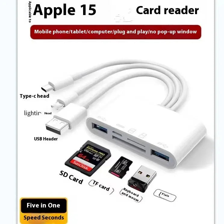 Type-C OTG SD TF memory card reader adapter cable with ABS shell and TPE line, 14.5 x 4 x 1.1 cm, in pearlescent bag