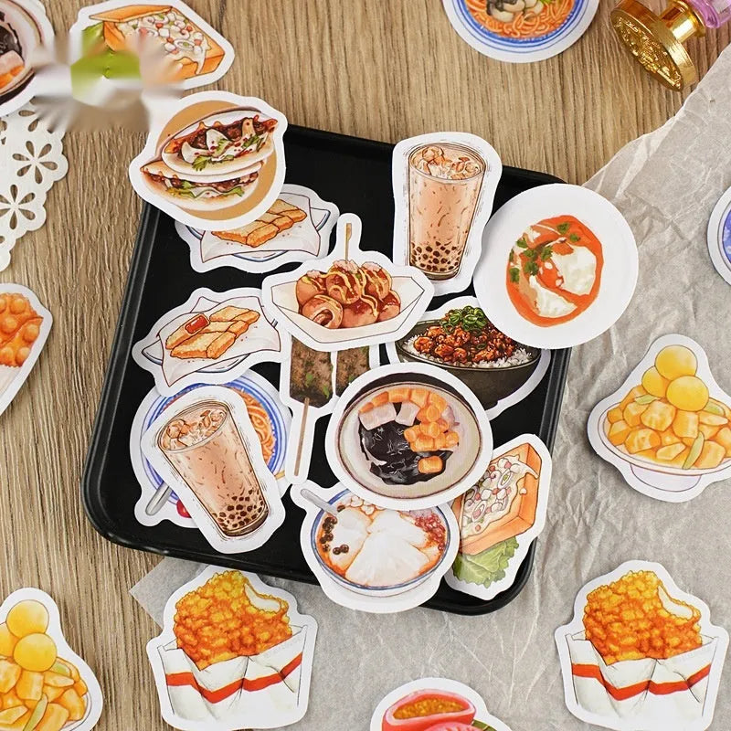 Box-packed Night Market snacks retro style printed adhesive sticker set with 46 pieces