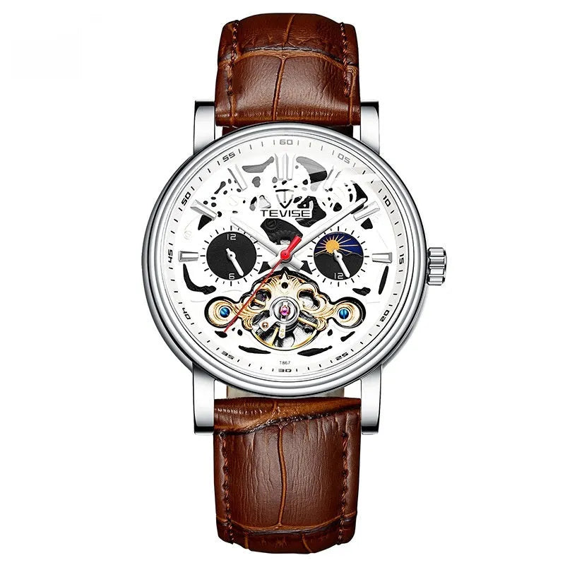 Men's fashion tourbillon mechanical watch with waterproof construction and luminous details