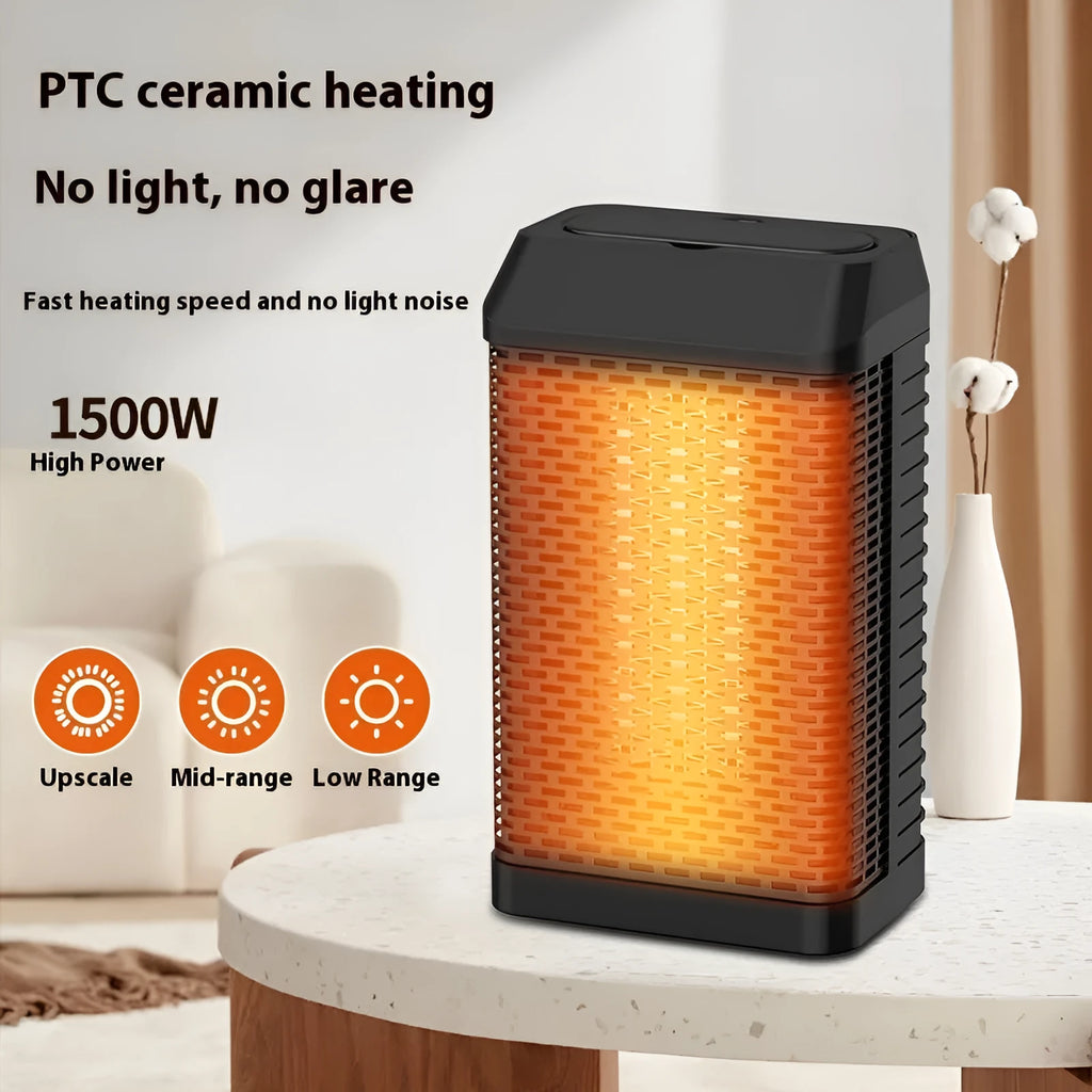 Black desktop smart heater with remote control showing compact 14.5x10x26cm dimensions
