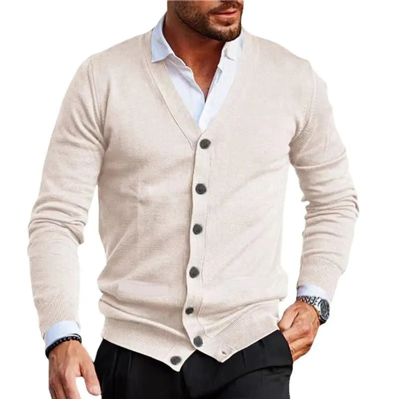 Men's slim fit acrylic cardigan sweater in dark grey, hanging on a hanger.