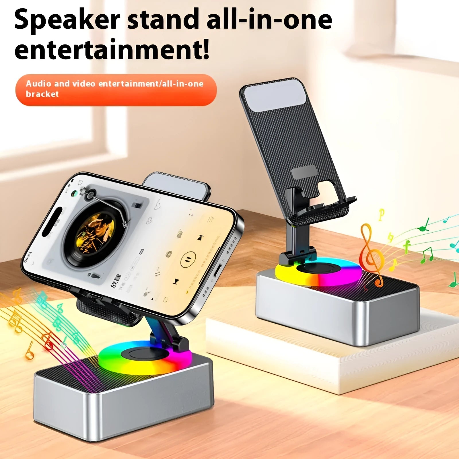 Three-in-one foldable plastic power bank Bluetooth speaker phone bracket in Night Black, 1500mAh battery