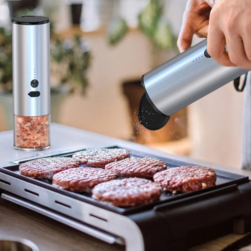 White or black electric salt pepper grinder with clear glass jar and stainless steel top