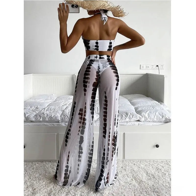 Women's three-piece swimsuit bikini set with mesh trousers in quick-drying polyester fabric