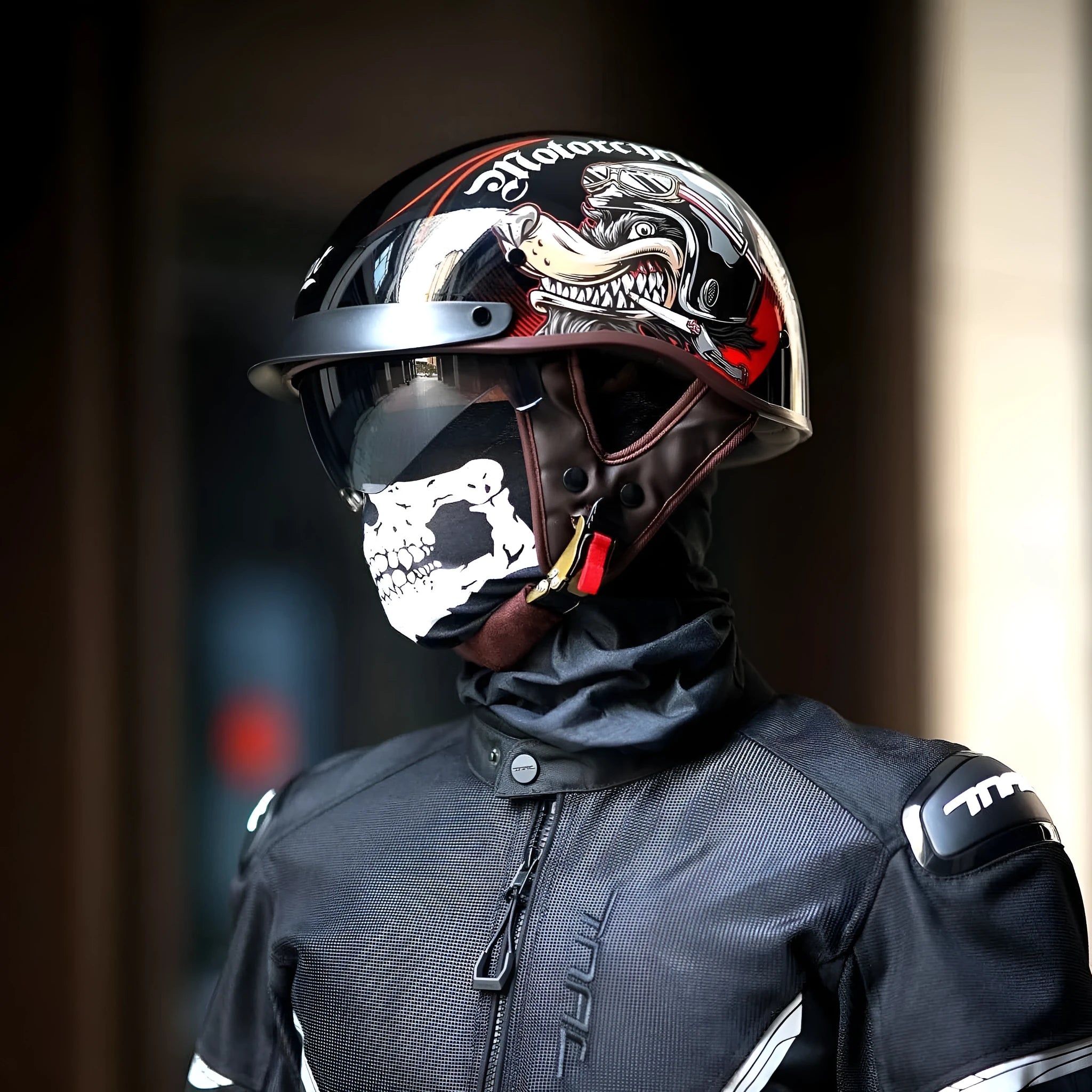 Retro full-face electric motorcycle helmet in Bright Black with visor and chin strap