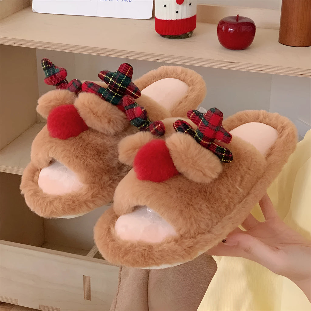 Brown deer cartoon design women's indoor slippers with suede upper and flip-flop style