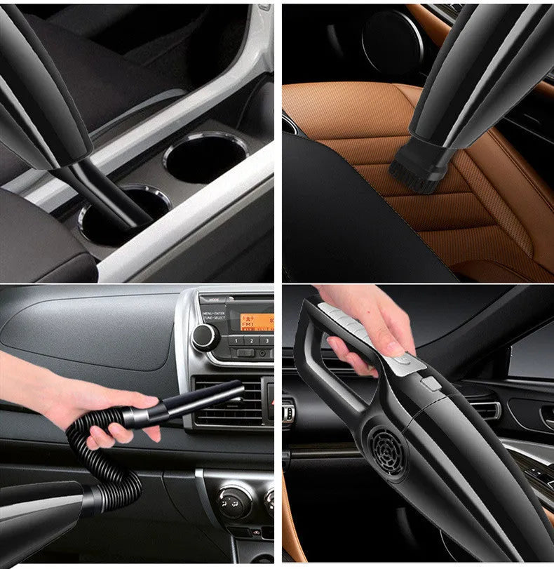 Black and orange high-power 12V car vacuum cleaner with compact design.
