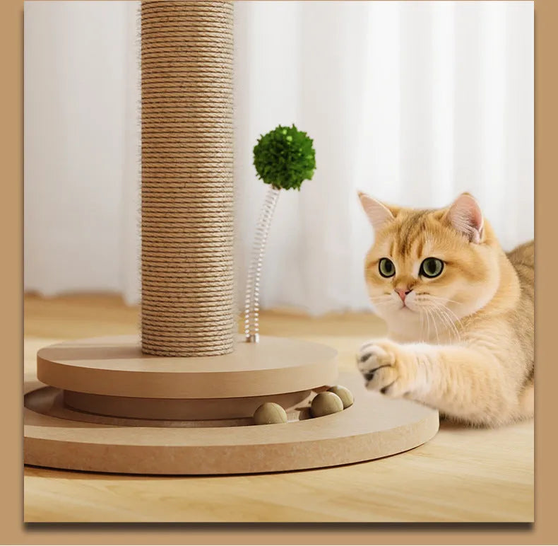 Vertical cat climbing frame with hemp rope scratching posts in a canna colour with a chamfering grab column.