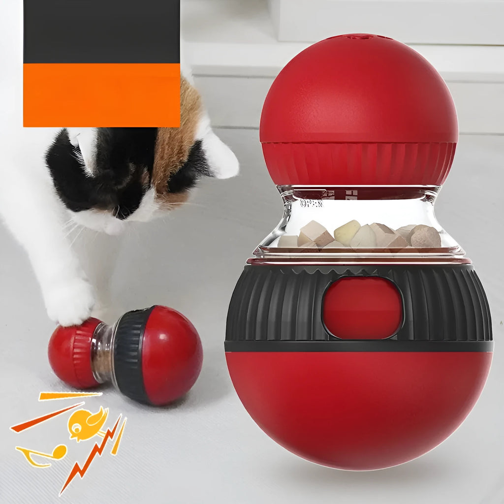Rotating plastic cat toy with a colourful super ball on a base, showing dimensions.