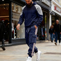 Loose colour-block textured hoodie and sweatpants casual set in black with hood and long sleeves