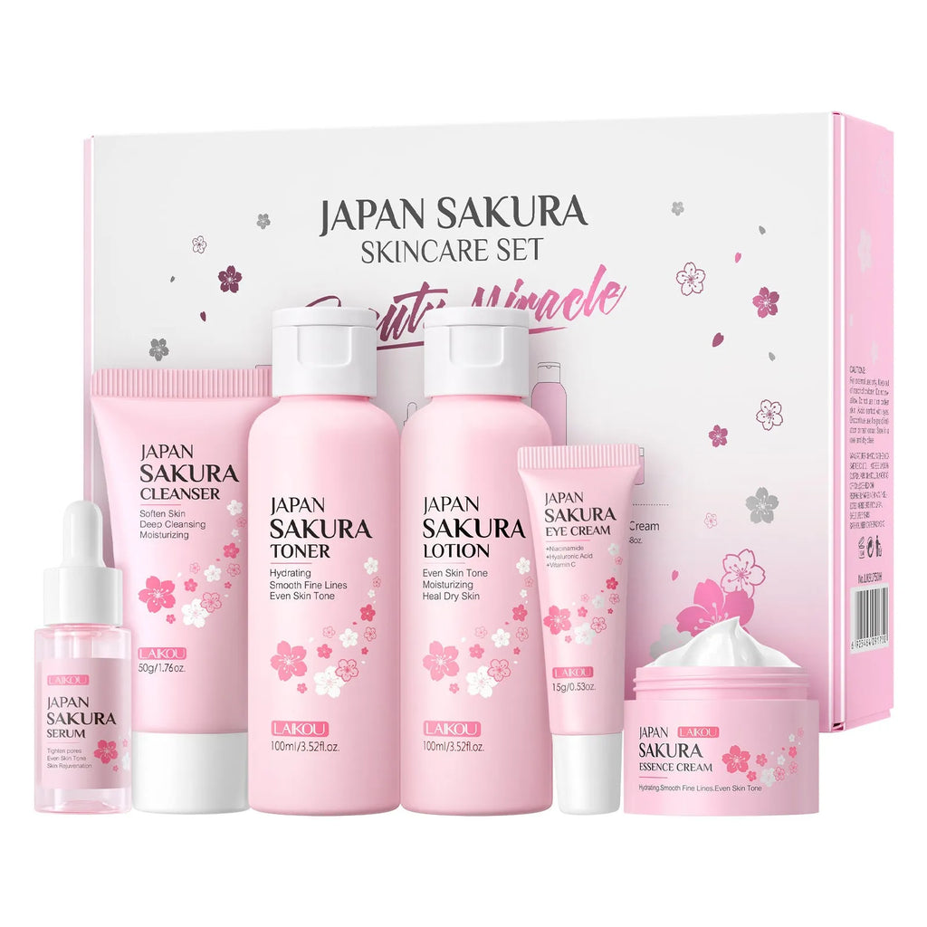 Cherry Blossom 6-piece skincare set with cleanser, toner, cream, serum, and eye cream.