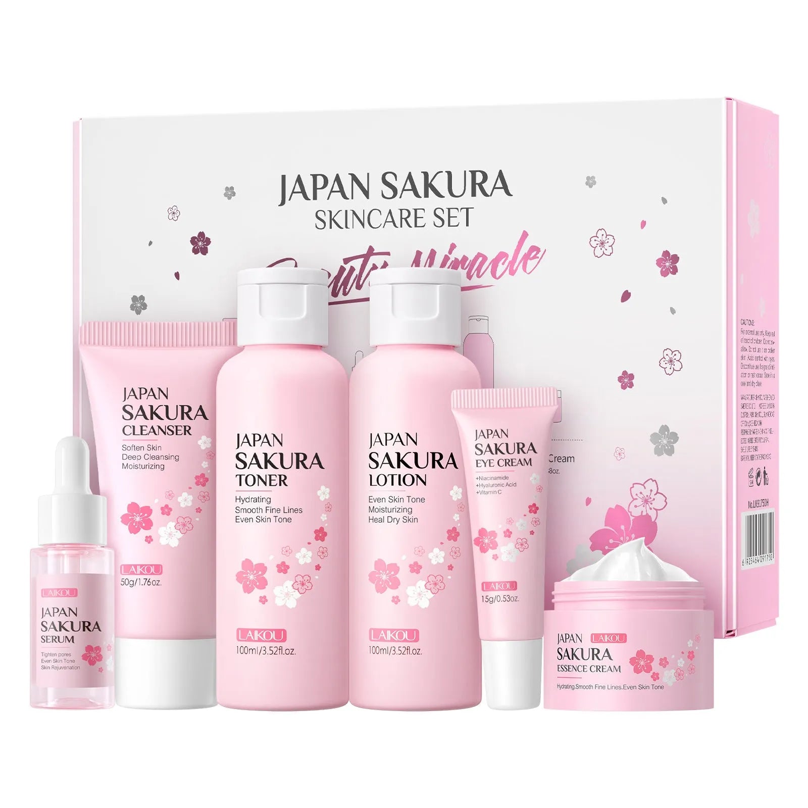 Cherry Blossom 6-piece skincare set with cleanser, toner, cream, serum, and eye cream.