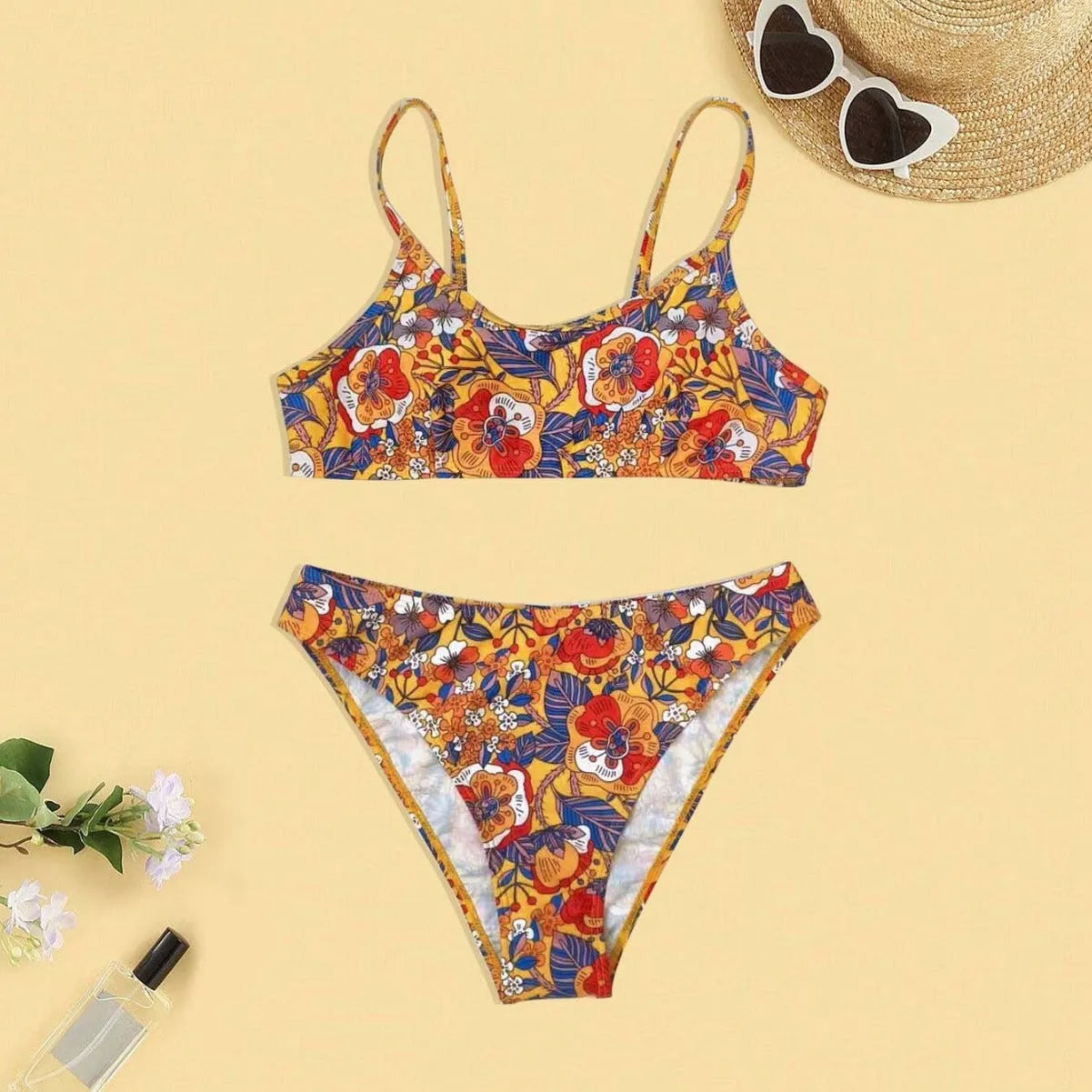 Women's plus size floral print bikini swimsuit with adjustable straps in briefs cut