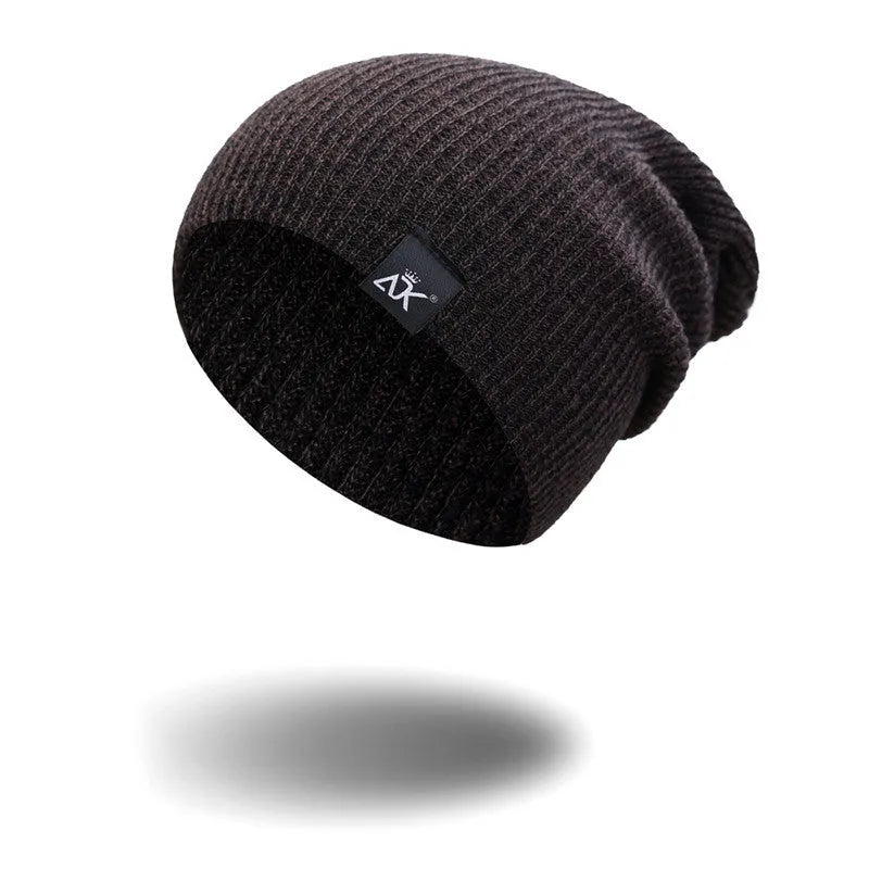 Unisex knitted acrylic beanie in army green on a white background, stretchy 55–60cm fit for outdoor winter use