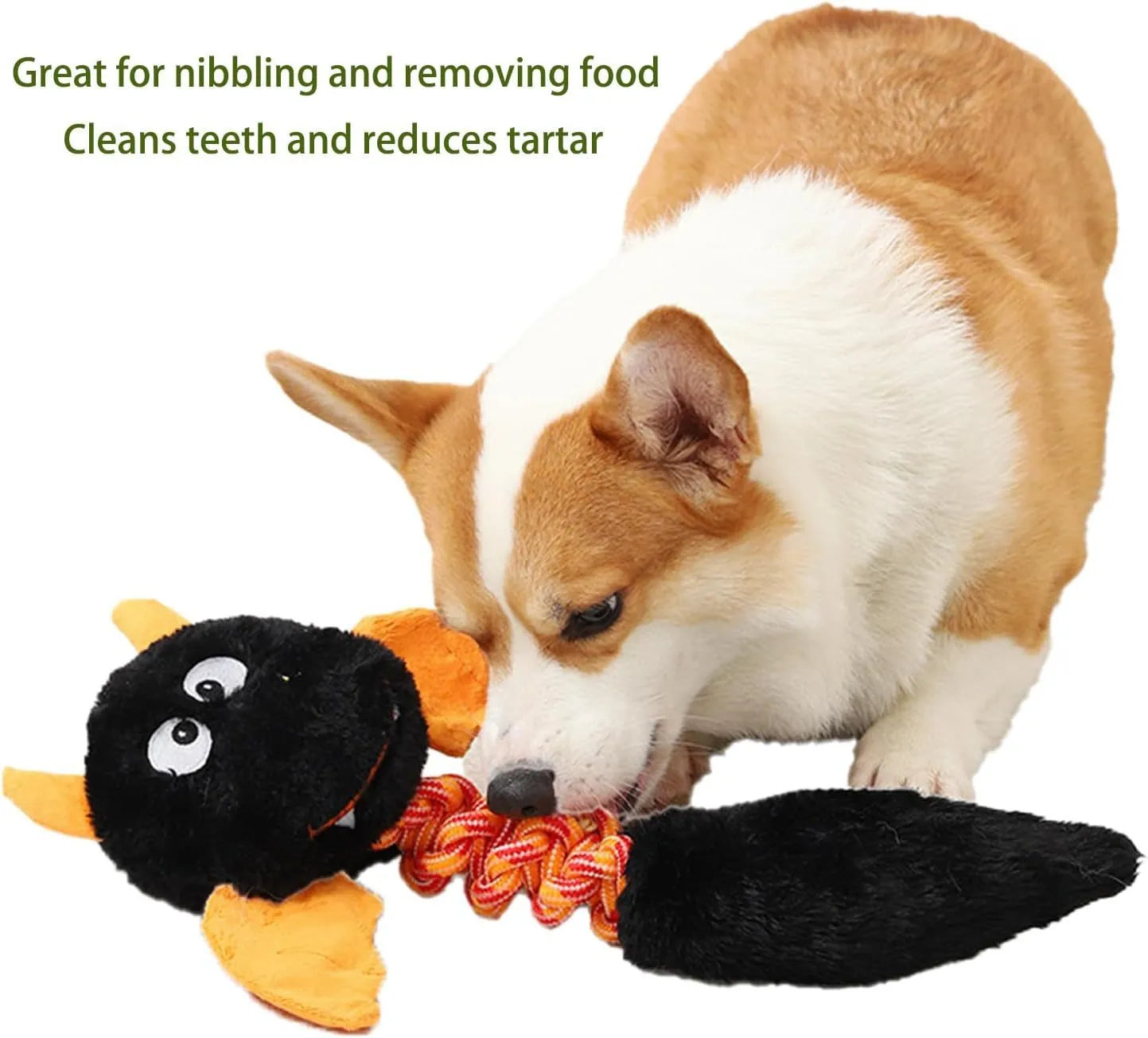 Cartoon-design plush dog toy with black, green, and red colour options on a white background.