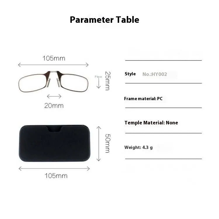 Legless nose clip reading glasses in multiple colours with ultra-thin case for elderly portable use